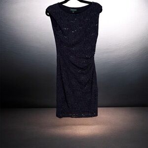 Lauren Ralph Lauren Navy Lace Sheath Dress with Sequin Detail